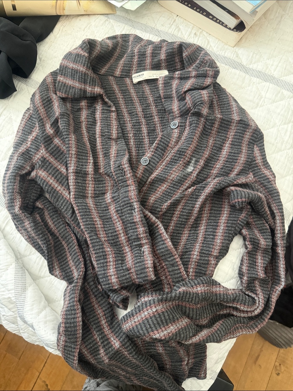 Pull&Bear Charcoal Knit Top with Rust and Cream Stripes